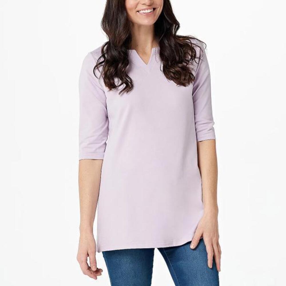 Denim & Co. Essentials Notched Neck Ballet Sleeve Tunic Dusty Lavender - Regular - Picture 2 of 4